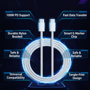 Durable USB-C to USB-C Braided Fast Charging Cable – 100W Power Delivery, 1 Meter (White)